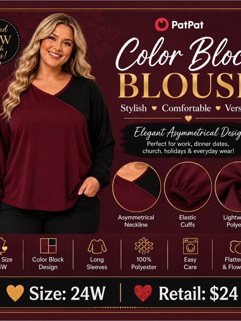 PatPat Color Block Blouse in Burgundy and Black